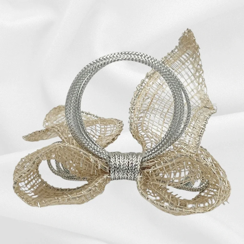 Rustic Burlap & Silver Wire Bow Napkin Rings  Set of 6‎ Farmhouse Shabby Chic